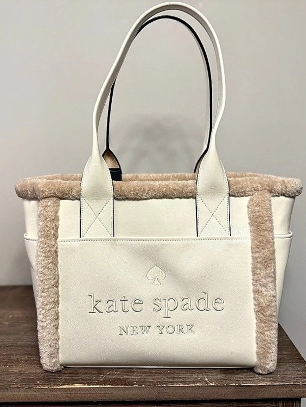 Kate Spade Flower Jacquard Sherpa Medium Tote Sherpa Trim Tote in Cream